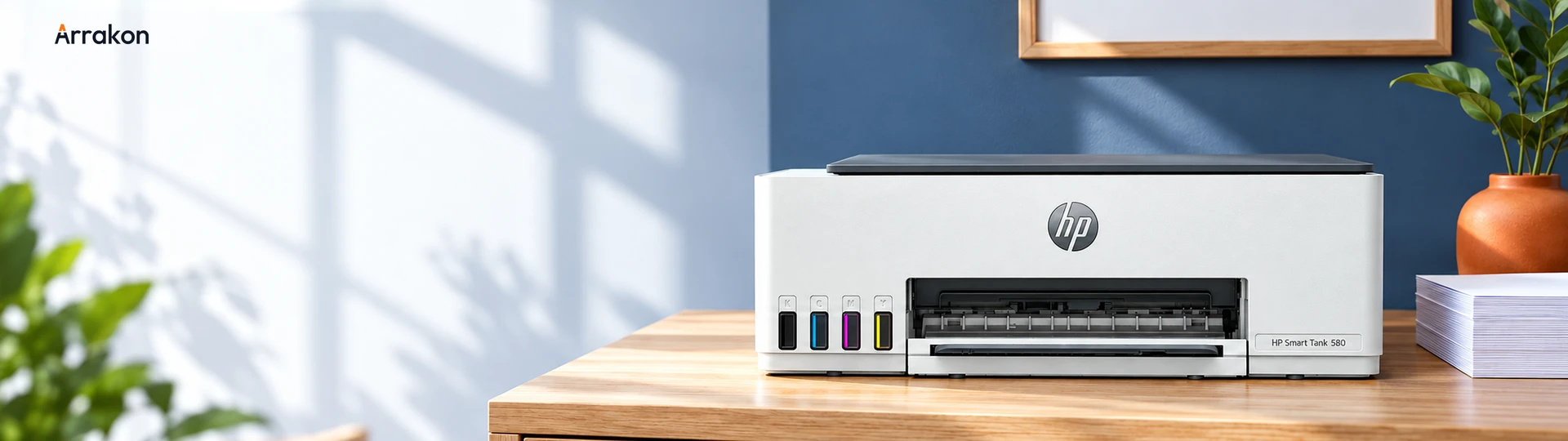 HP Smart Tank 580 wireless all-in-one printer. Big ideas. Beautifully printed.