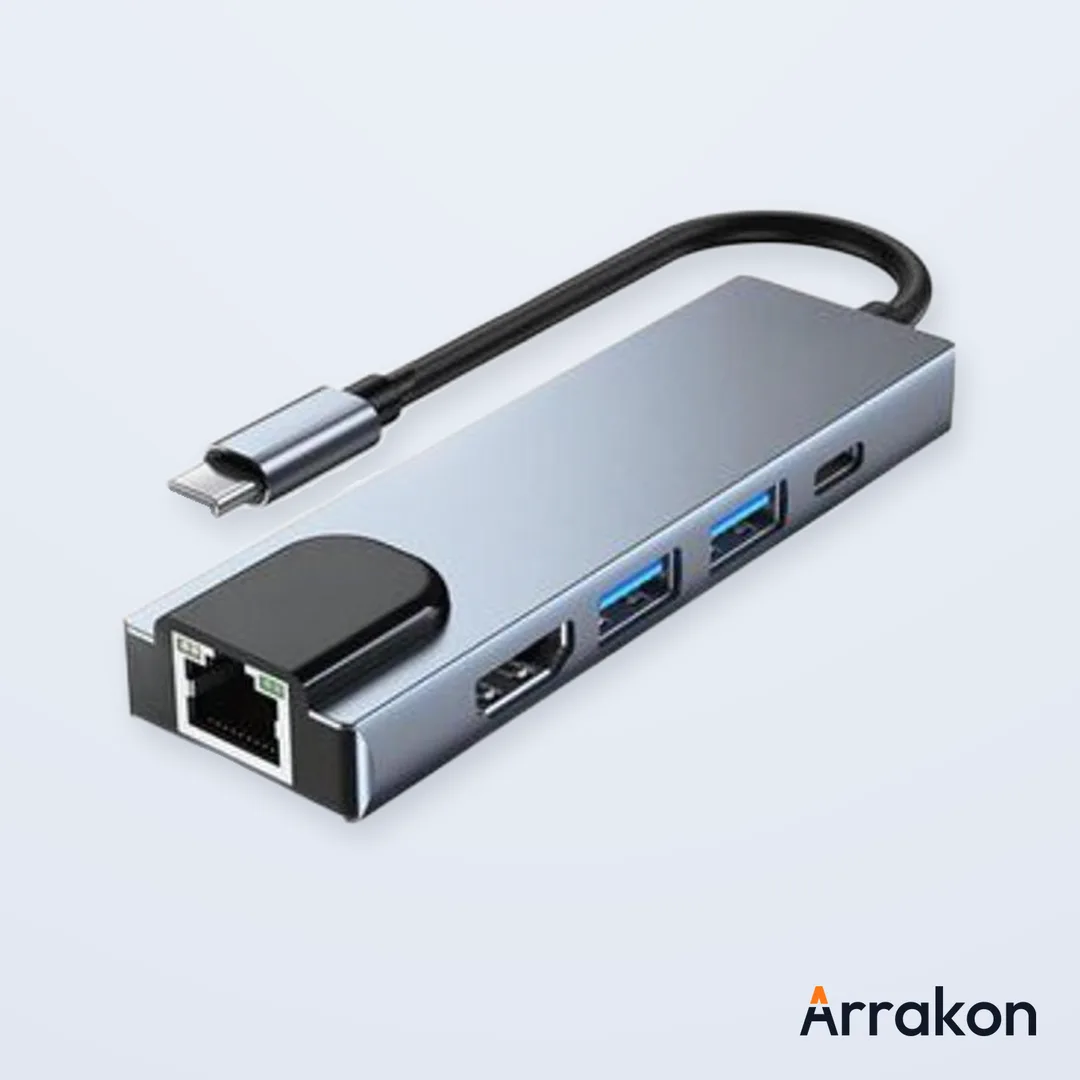 5-in-1 USB Type-C Hub to HDMI 4K, USB-C PD Charging, USB 3.0/USB-A & Gigabit LAN RJ-45 Adapter (Generic, No-Brand)