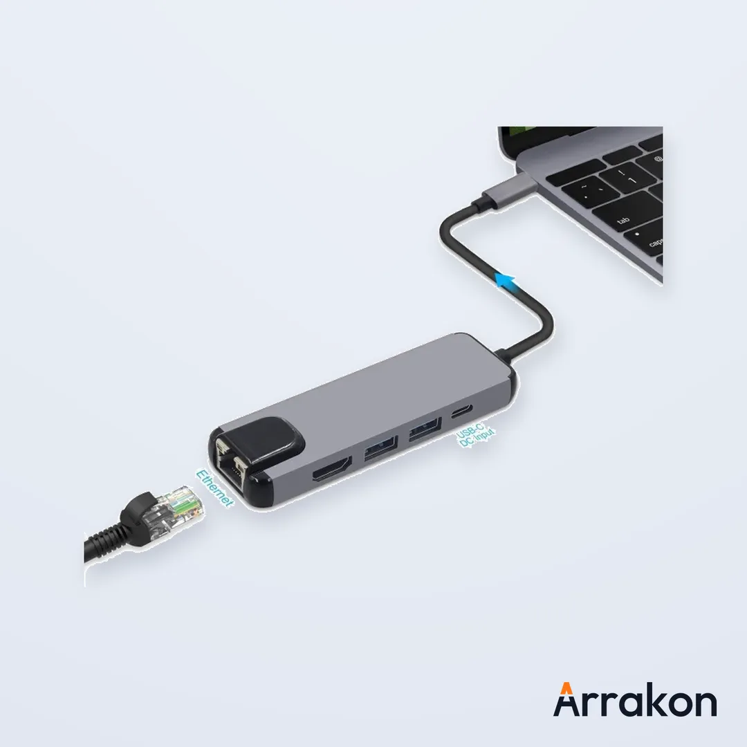 5-in-1 USB Type-C Hub to HDMI 4K, USB-C PD Charging, USB 3.0/USB-A & Gigabit LAN RJ-45 Adapter (Generic, No-Brand)
