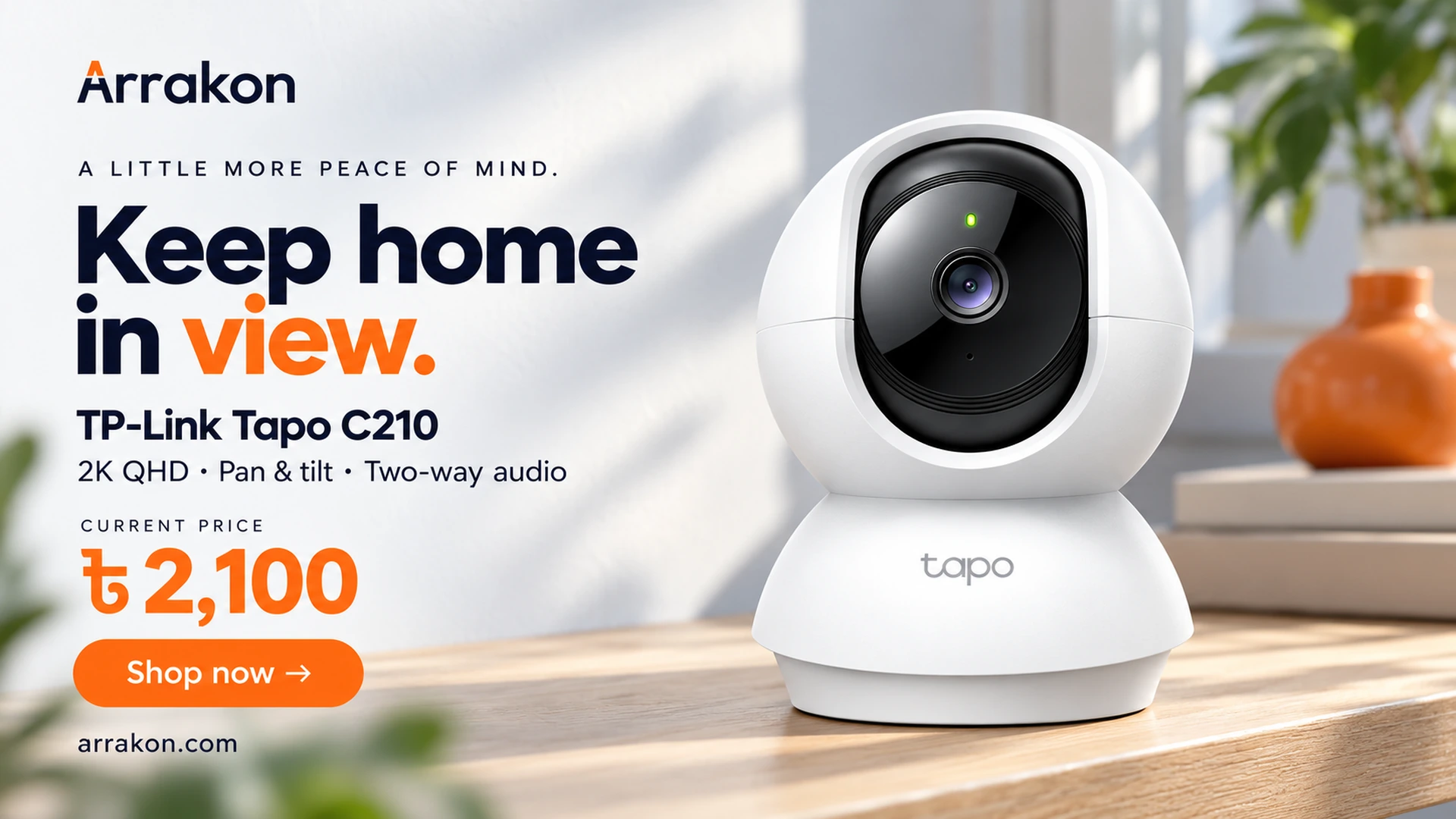 TP-Link Tapo C210 2K pan and tilt camera, current price Tk 2,100. Keep home in view.
