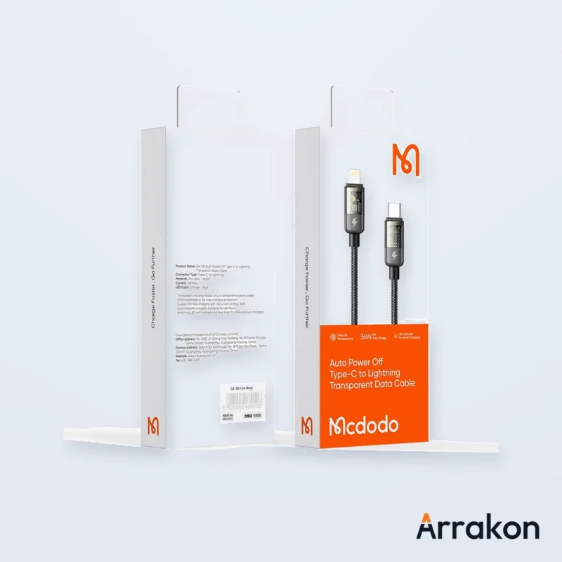 Mcdodo CA-316 36W USB-C to Lightning Auto Power-Off Charging & Data Cable, 1.2m/1.8m, Black, view 10 of 28