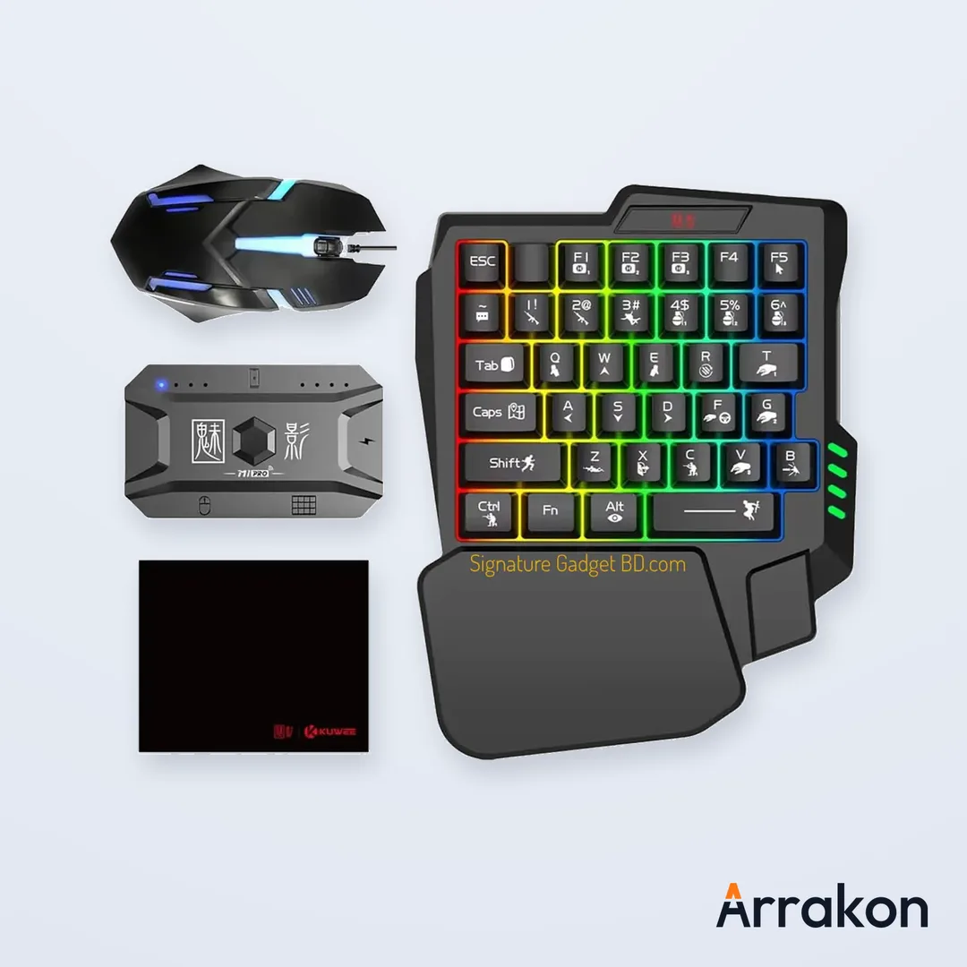 MK500 5-in-1 Mobile Gaming Combo (One-Handed Keyboard + Mouse + Bluetooth Converter + Phone Holder + USB Cable)