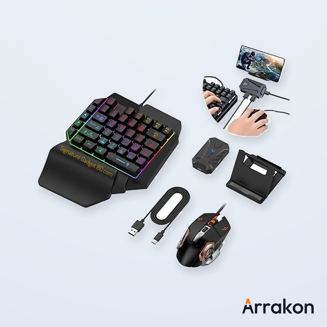 MK500 5-in-1 Mobile Gaming Combo (One-Handed Keyboard + Mouse + Bluetooth Converter + Phone Holder + USB Cable)