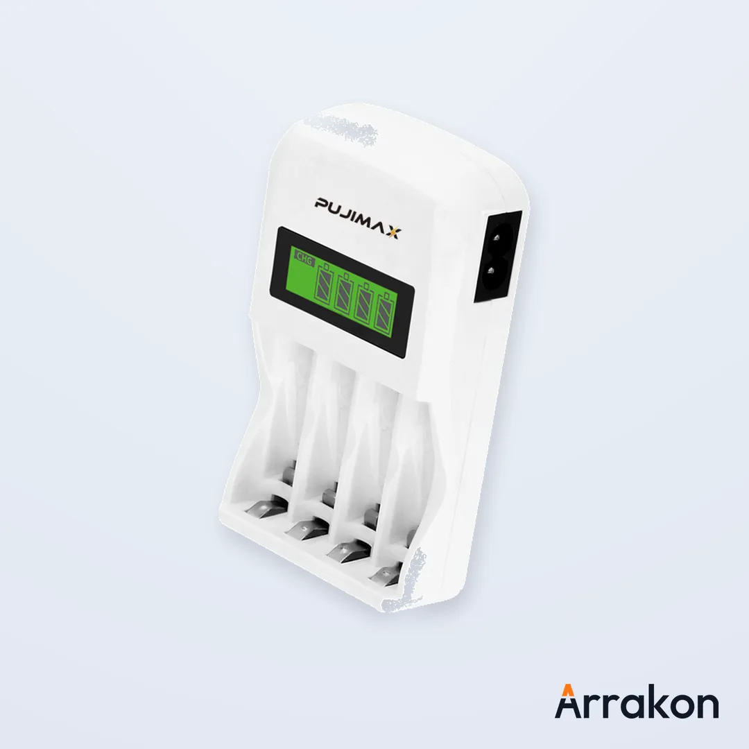 PUJIMAX 4-Slots Smart Battery Charger PJ-LCD003 (LCD Display, AA/AAA 1.2V NiMH/NiCd Rechargeable Batteries)