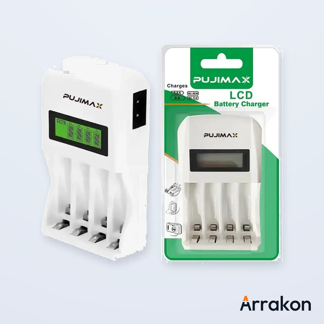 PUJIMAX 4-Slots Smart Battery Charger PJ-LCD003 (LCD Display, AA/AAA 1.2V NiMH/NiCd Rechargeable Batteries)